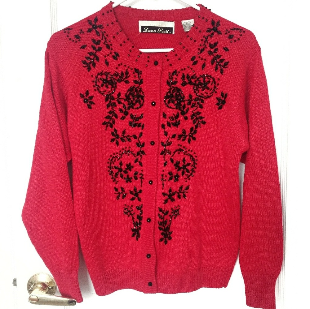 Vintage Dana Scott Red Beaded Cardigan Women's Small Grandmacore